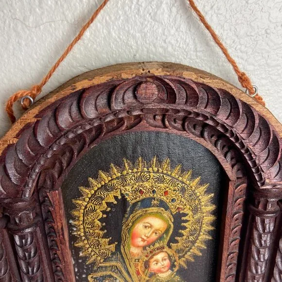 Vintage Religious Old Icona Virgin Mary & Baby Jesus Framed Picture - Picture 10 of 16